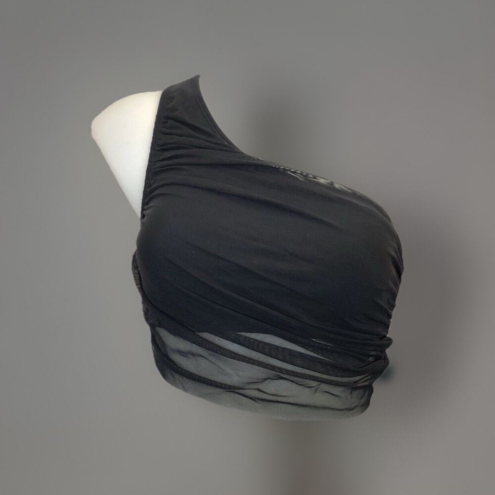 Cupshe M Black Mesh Top One Shoulder Ruched Swim Dance Medium NWT Cropped